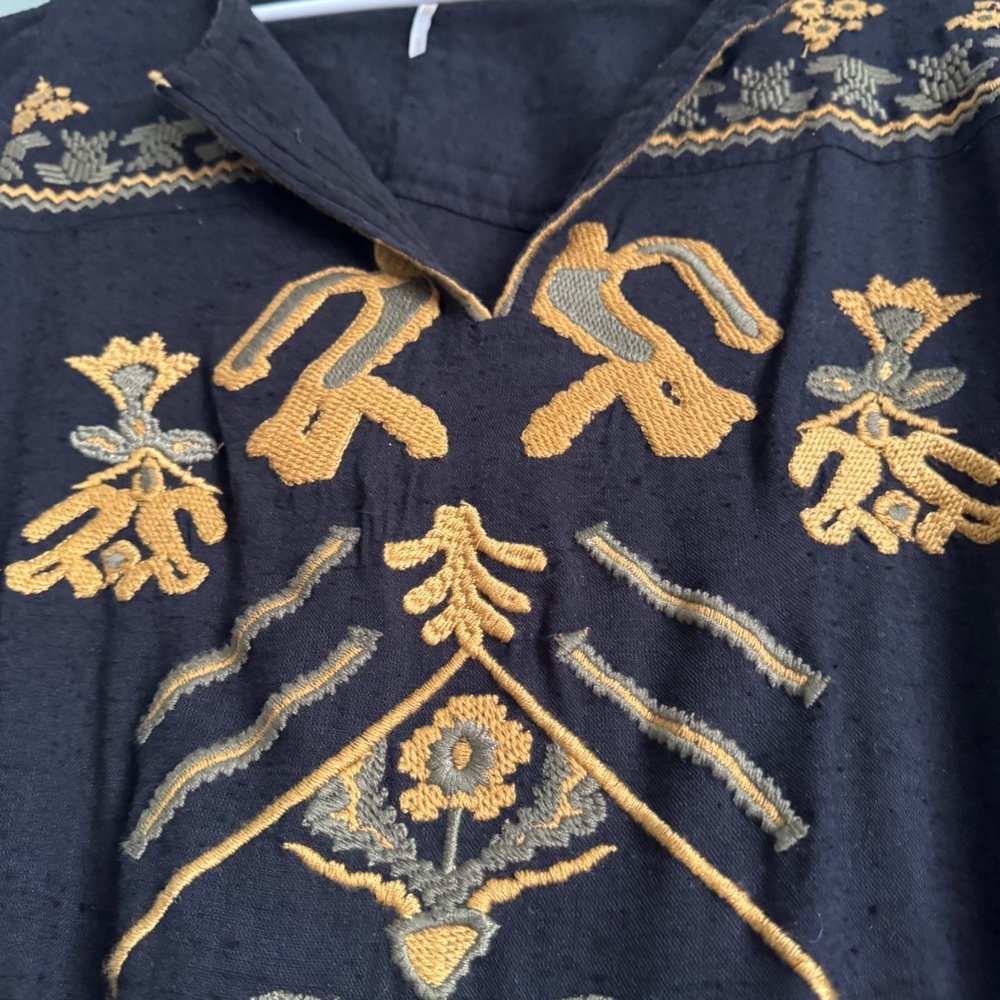 Free People Tunic Embroidered Dress Black Yelllow tribal long sleeve boho large - Picture 8 of 10